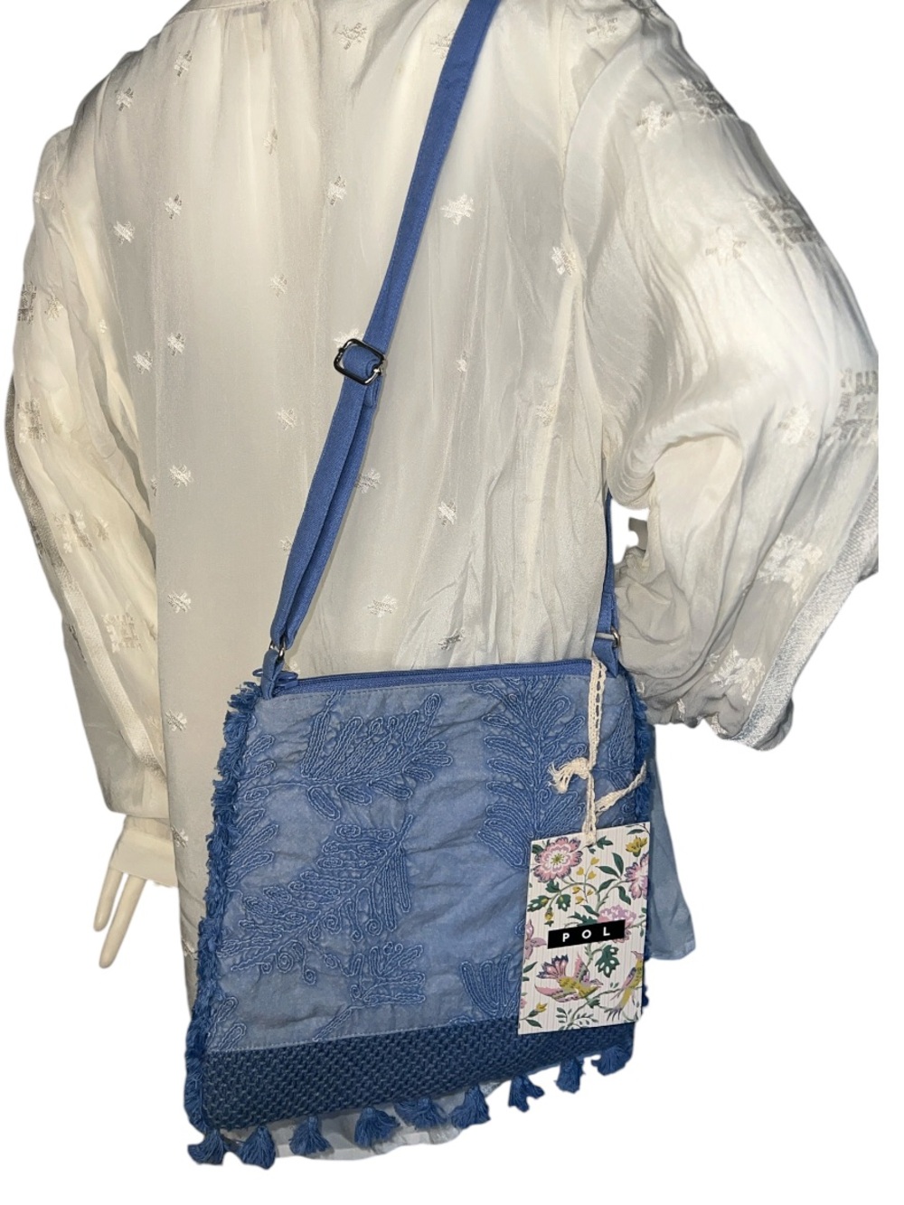 POL Crossbody Bag NWT Soutache Leaf Design Dusty Blue Fabric 100% Cotton